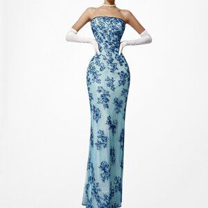 Vintage Y2K 90s Blue Floral Beaded Silk Side Slit Bodycon Maxi Dress Size S/M